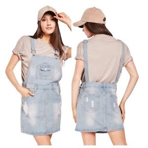 NWT CHERRY KOKO Jean Overall Dress With Distressed Detailing & Pockets Blue Sz S